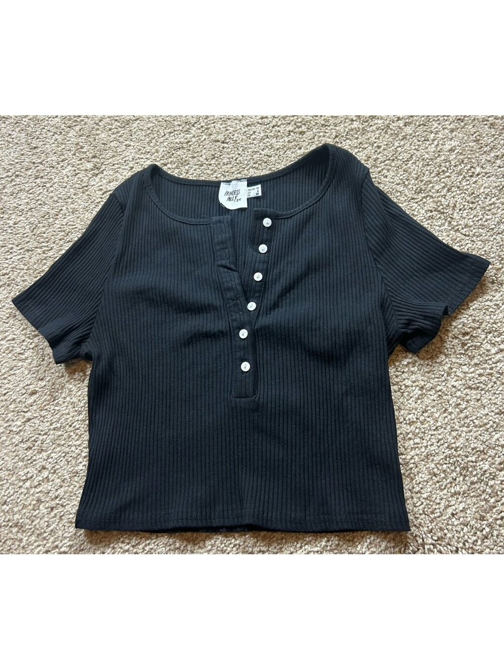 Women's Black Ribbed Knit Henley Short Sleeve Button Front Top Casual Blouse